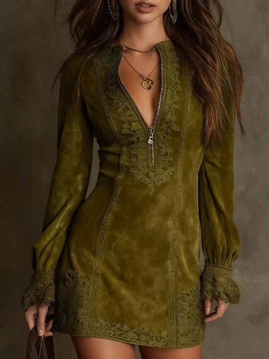 Celia Montiel | Vestido mini Aurora de ante con encaje