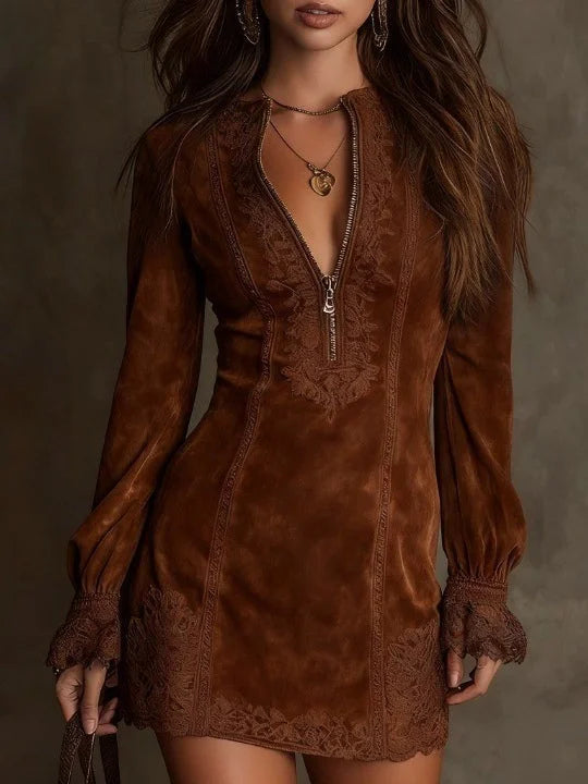 Celia Montiel | Vestido mini Aurora de ante con encaje