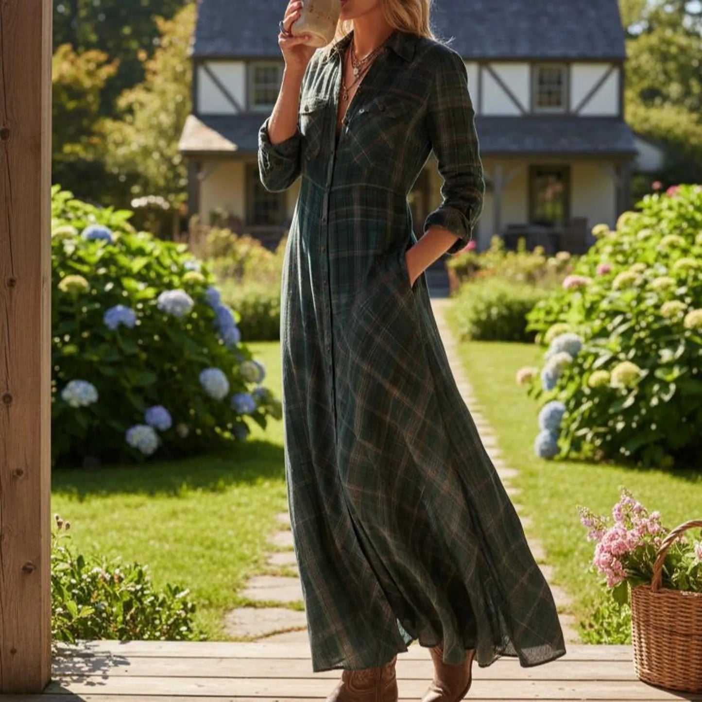 Celia Montiel | Vestido camisero largo a cuadros