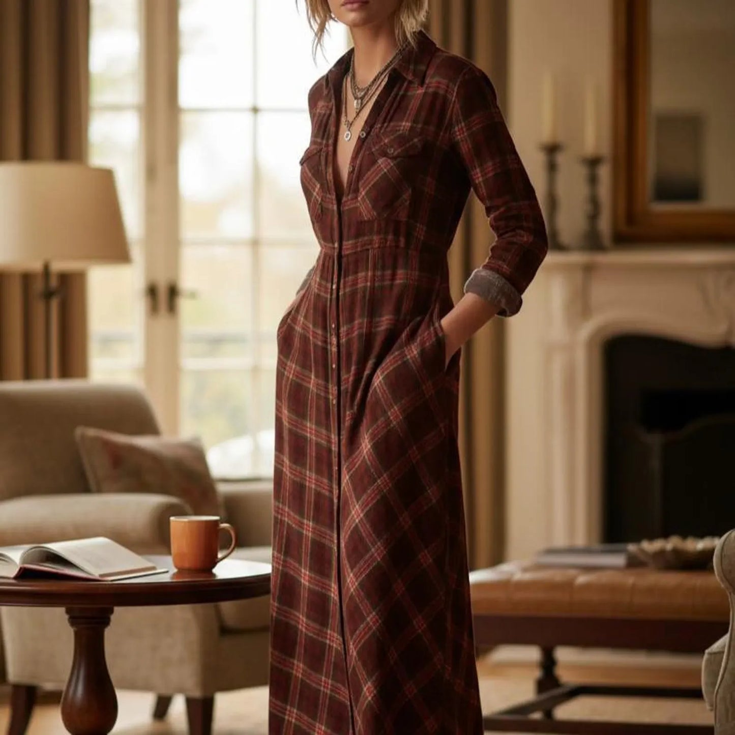 Celia Montiel | Vestido camisero largo a cuadros