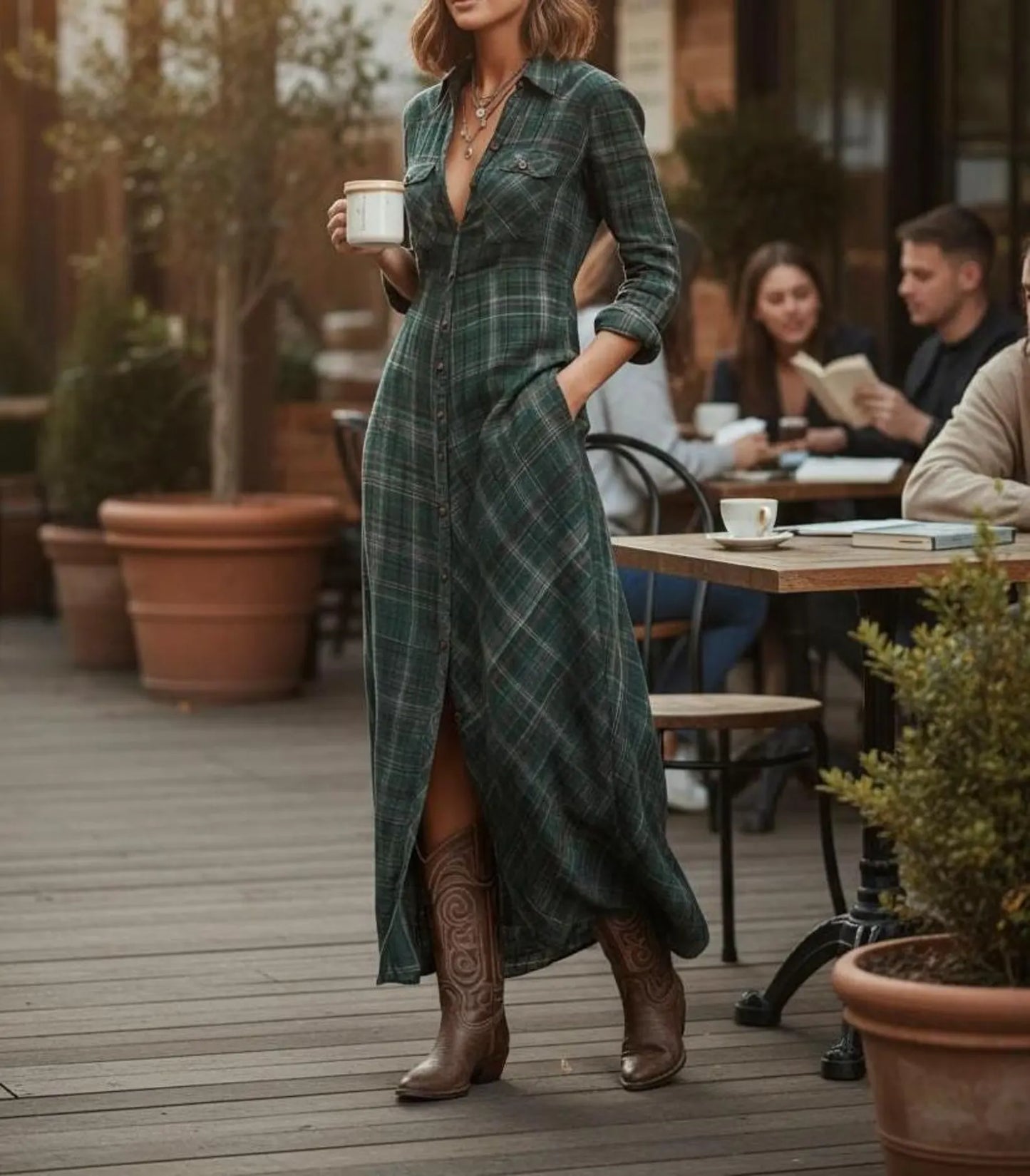 Celia Montiel | Vestido camisero largo a cuadros